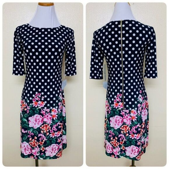 Eliza J Womens Jersey 3/4 Sleeve Polka Dot Floral Mini Dress Sz 0 Navy - Picture 1 of 9